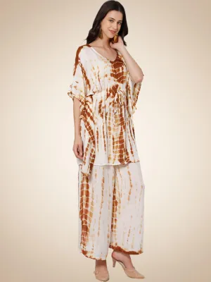 White & brown tie and dye print viscose free size kaftan and palazzo set
