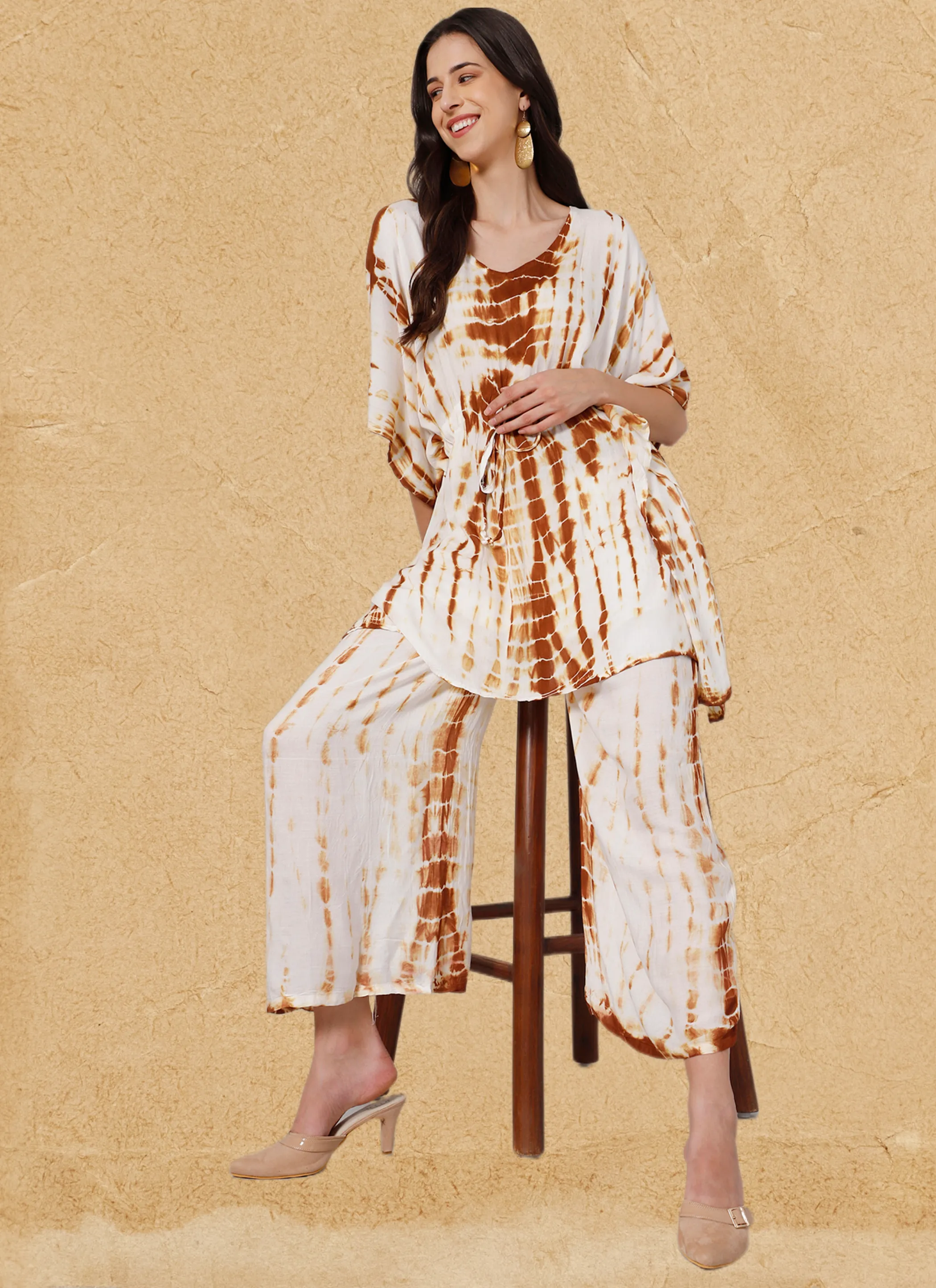 White & brown tie and dye print viscose free size kaftan and palazzo set