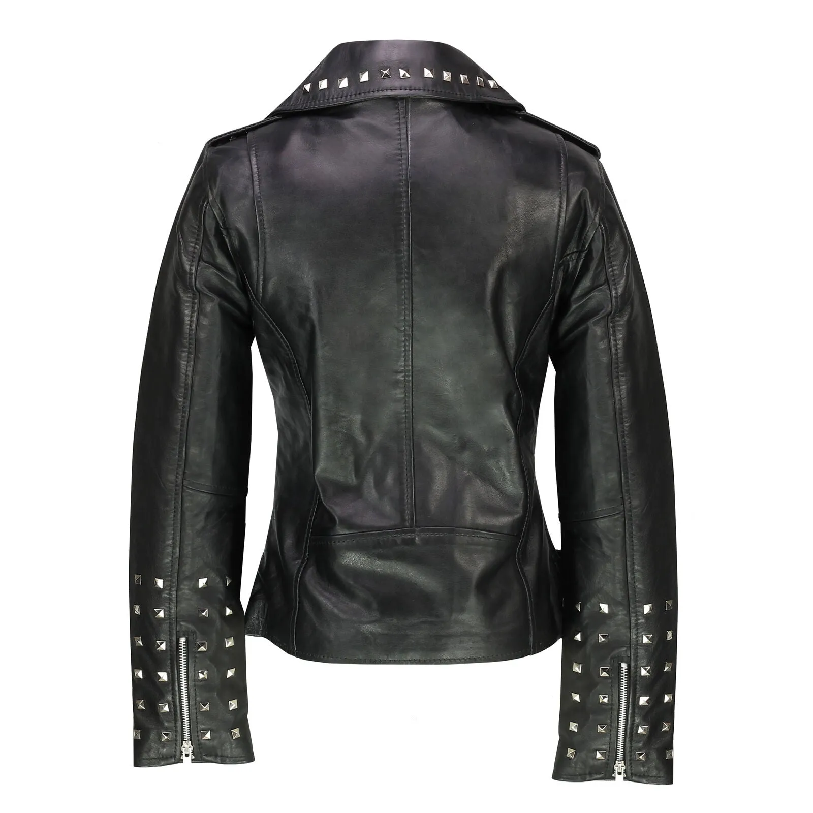 Women's Biker Brando Style Belted Studded Black Leather Jacket