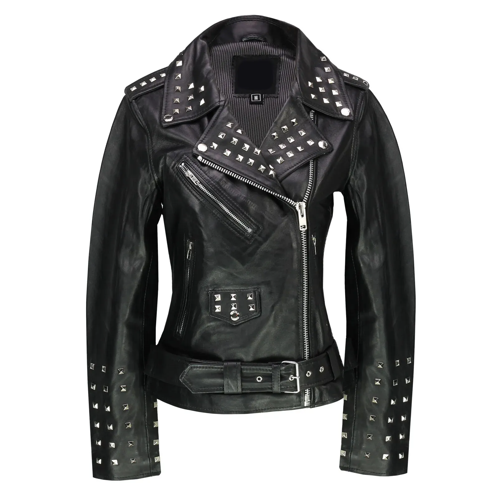 Women's Biker Brando Style Belted Studded Black Leather Jacket