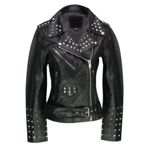 Women's Biker Brando Style Belted Studded Black Leather Jacket